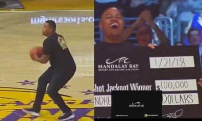 “Lakers” līdzjutējs iemet no centra un iegūst milzu naudas balvu (VIDEO)