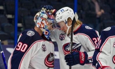 Elvis Merzļikins un Patriks Laine