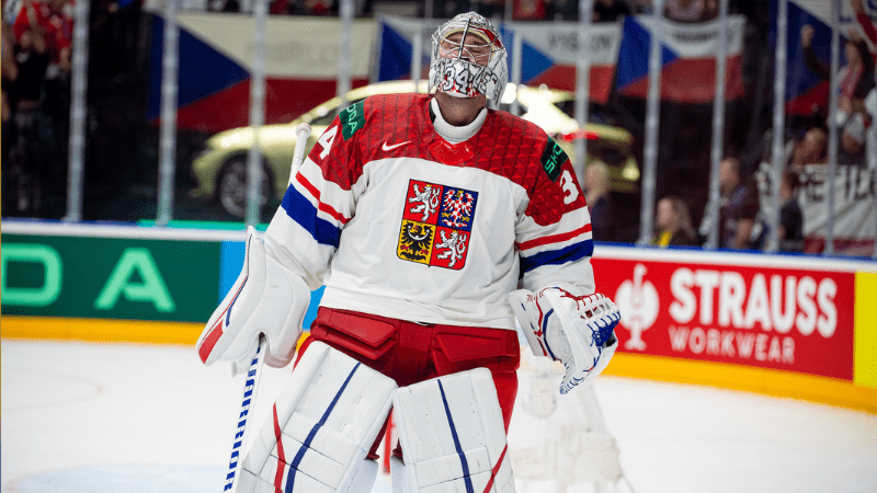 Čehu vārtsargs ar ripu trāpa Norvēģias tsāvenim pa galvu un uzdāvina nūju