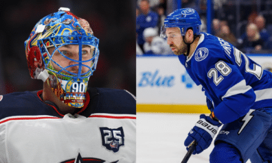 Elvis Merzļikins un Zemgus Girgensons