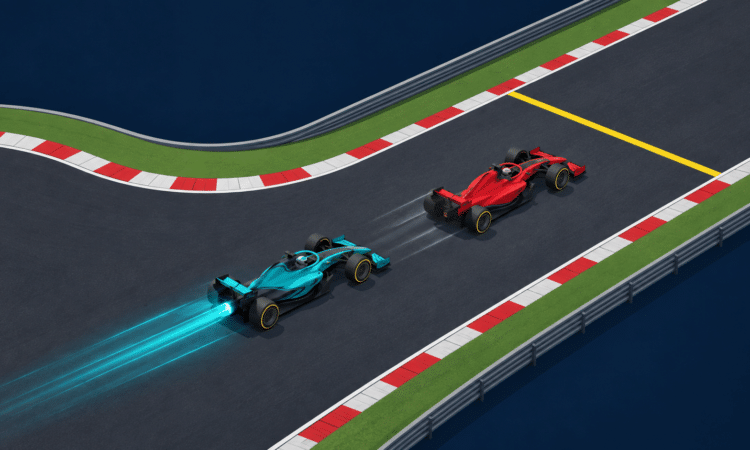 Divas F1 formulas uz taisnes, aizmugurējai mašīnai izmantojot elektrisko apdzīšanas režīmu.